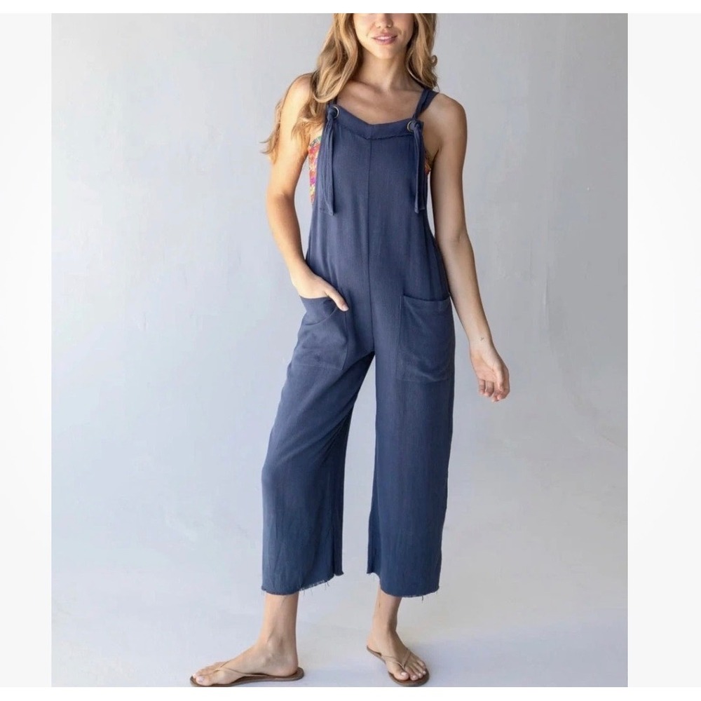 Natural Life Small Carly Blue Linen Blend Overalls Jumpsuit Ankle Lagenlook